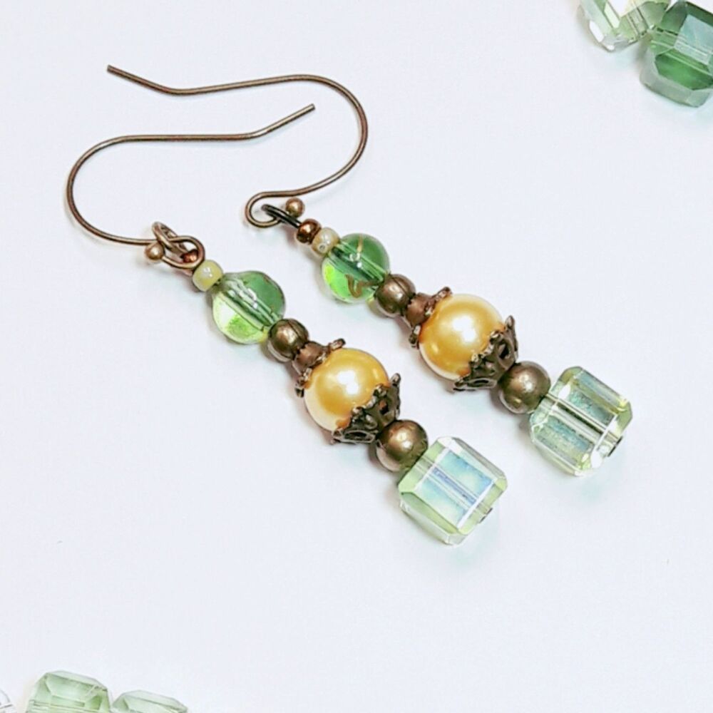 Green Glass Antique.Bronze Hooks Hidden Meaning earrings Unique Shapes , s  446■